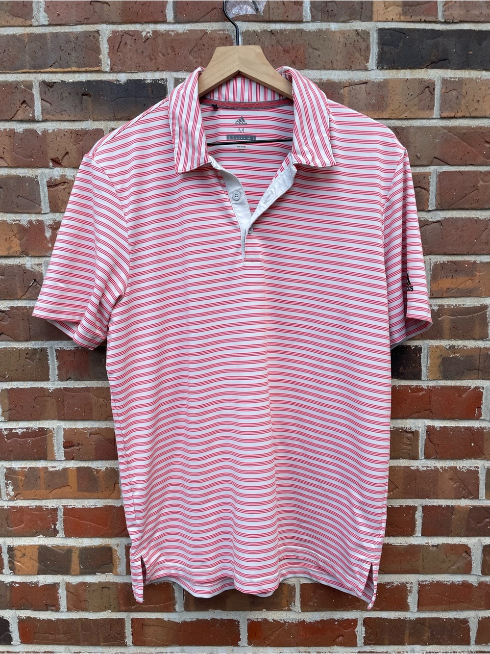 Adidas Men’s Pink and White Striped Polo Shirt